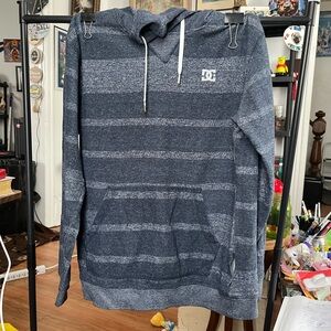 DC Men's Navy and Heather Gray Striped Hooded Sweatshirt